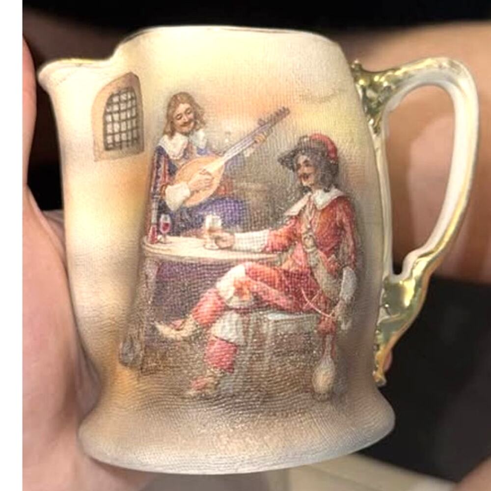 Antique Royal Bayreuth Bavaria Tapestry Pinch Pitcher Tavern Scene 1900